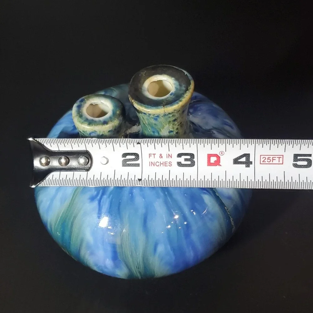 Blue and green glazed ceramic studio pottery vase small double bulbous bud‎ vase